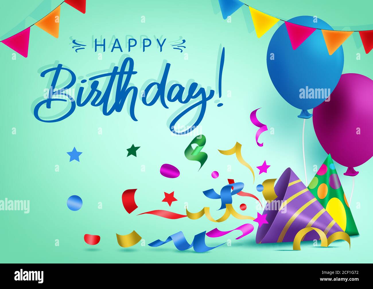 Happy birthday vector background banner design. Happy birthday greeting text for kids party celebration with colorful elements like balloon, hat Stock Vector