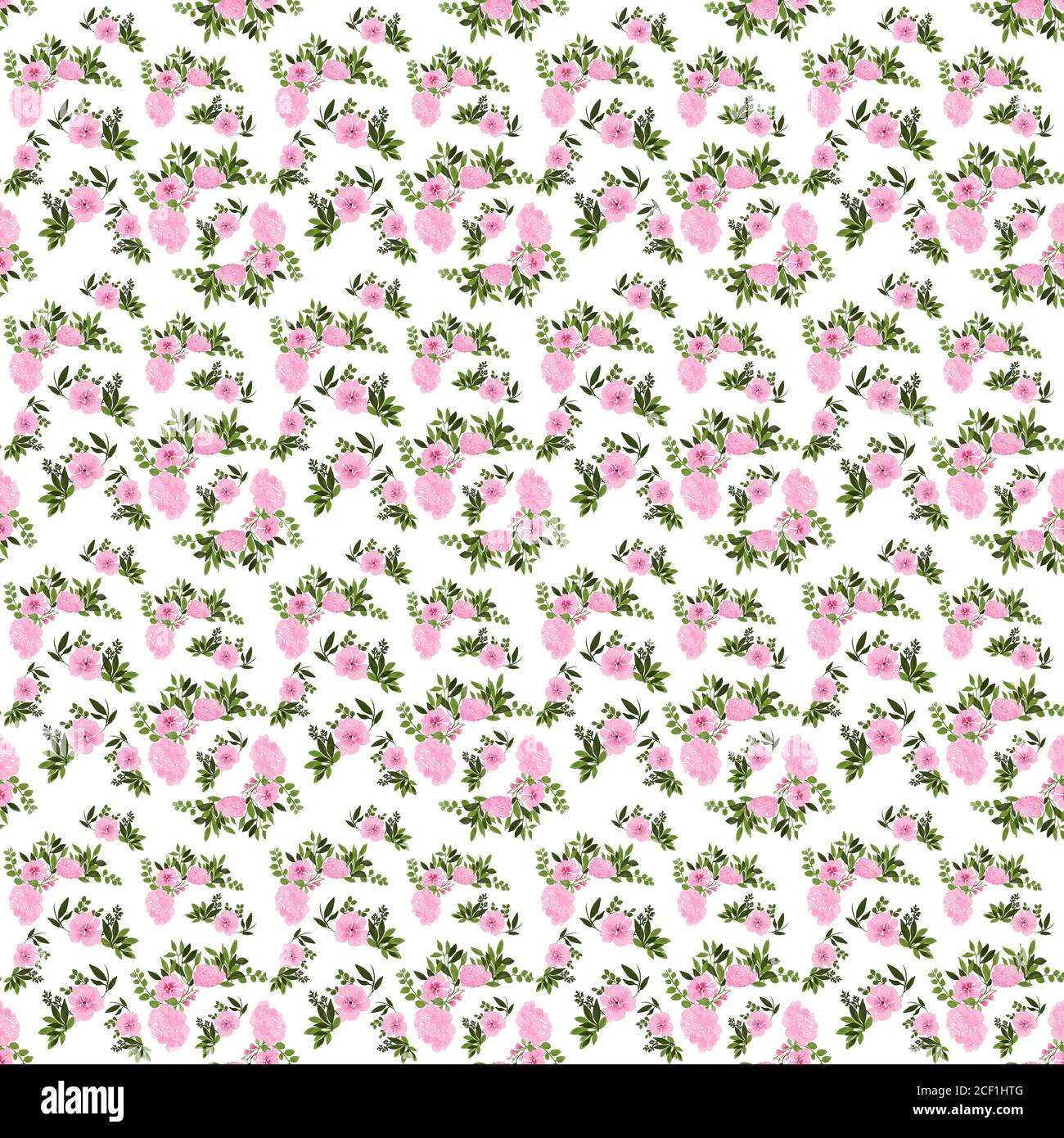 KTSP05 Pink Flowers with Green Leaves on a White Background Seamless ...
