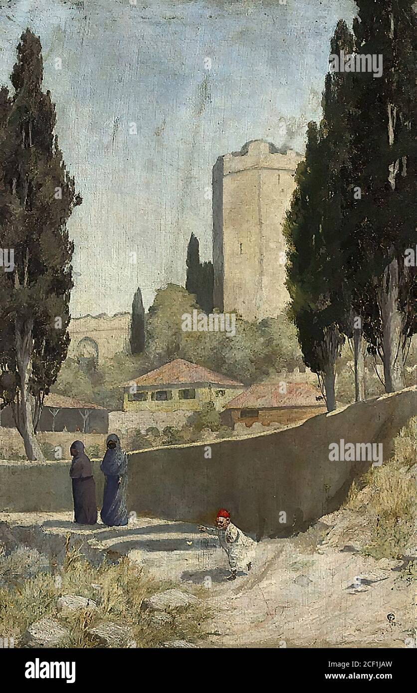 Goodall Frederick - Chasing Butterflies Before Yedikule Jerusalem - British School - 19th  Century Stock Photo
