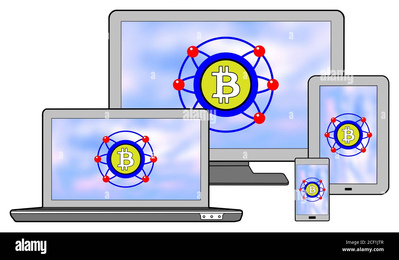 Bitcoin concept shown on different information technology devices Stock Photo