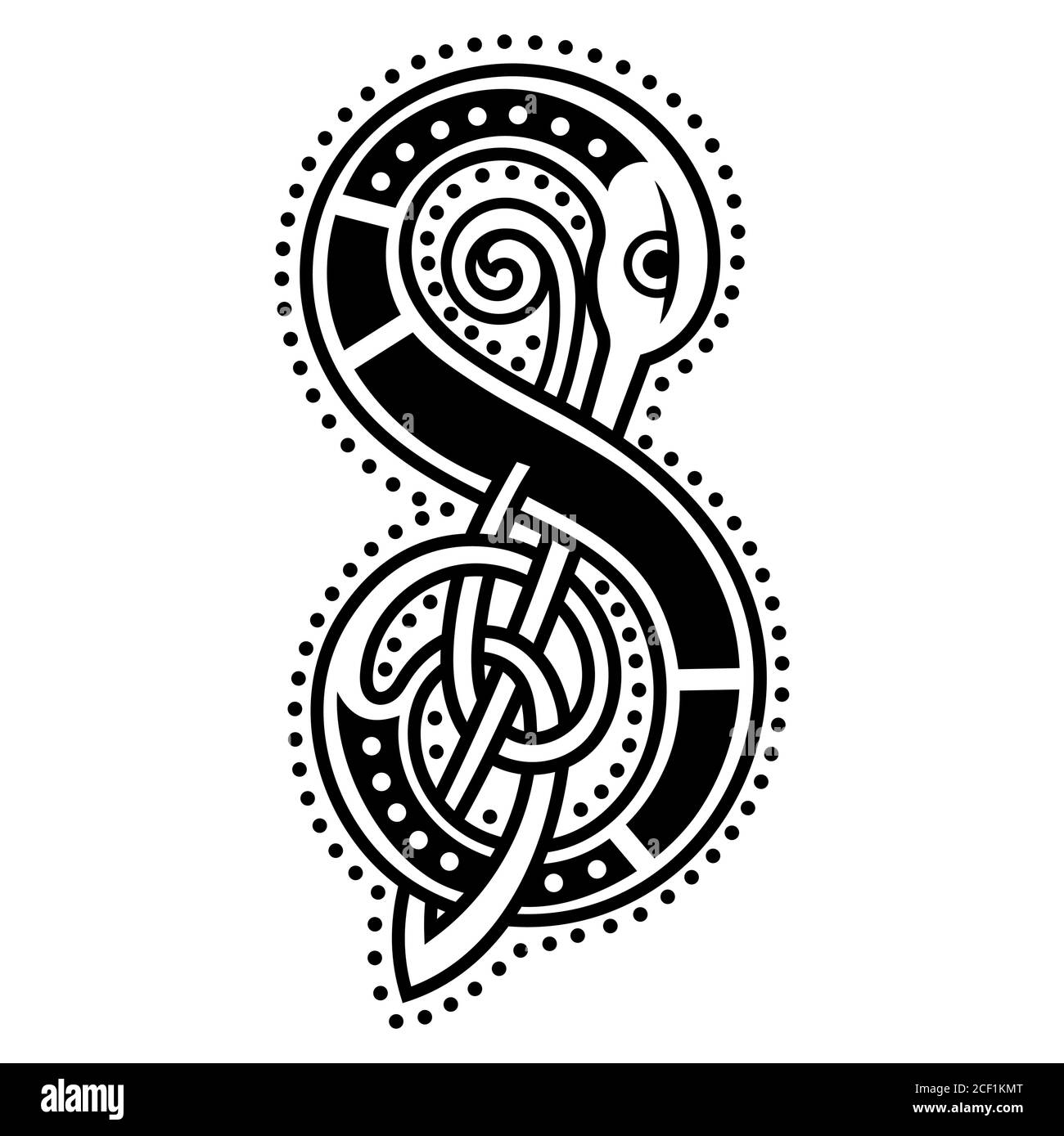 Initial letter, ornamental letters, calligraphy handwritten logo, the letter S in Celtic style Stock Vector