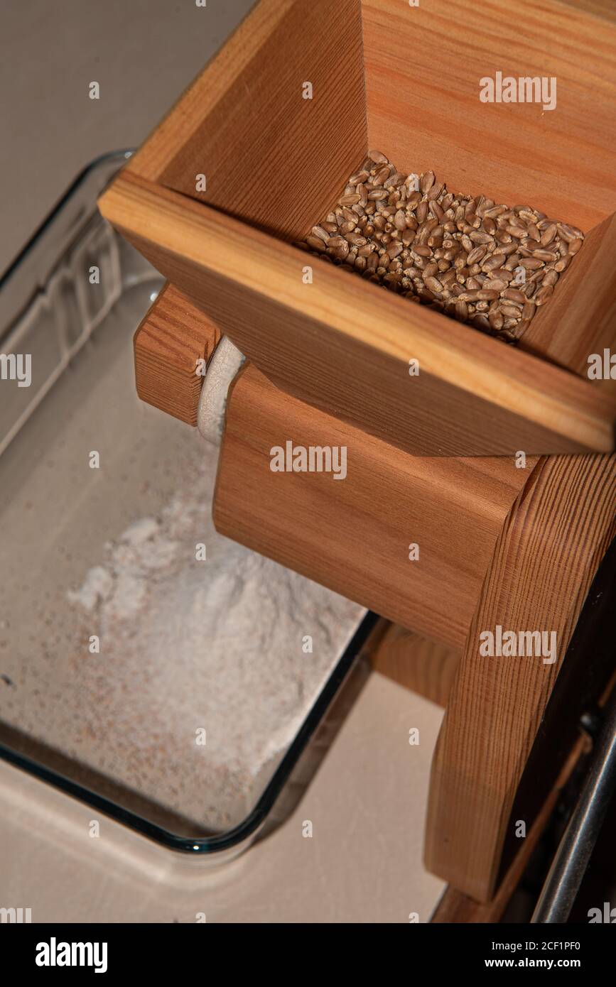 Wheat being turned into flour via a manual grinder to make bread Stock Photo