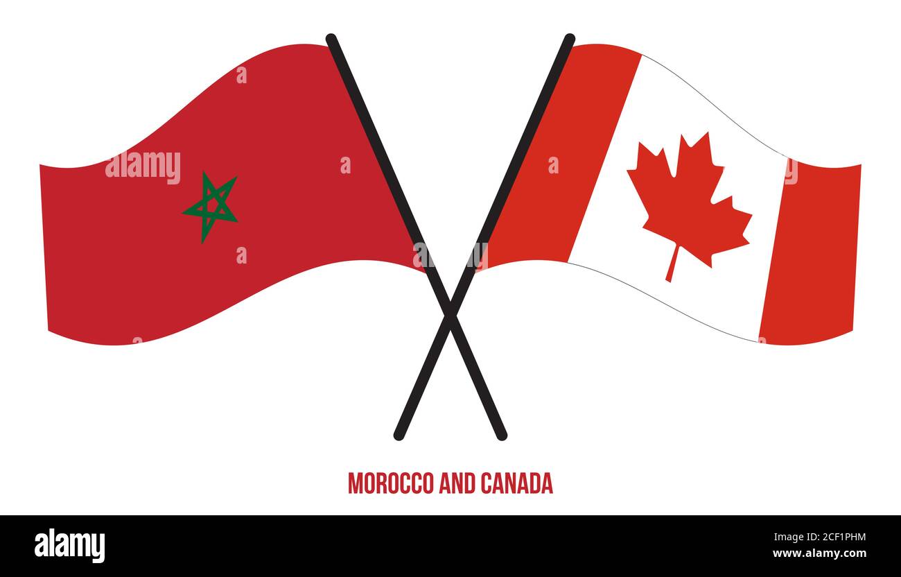 Morocco and Canada Flags Crossed And Waving Flat Style. Official Proportion. Correct Colors. Stock Vector