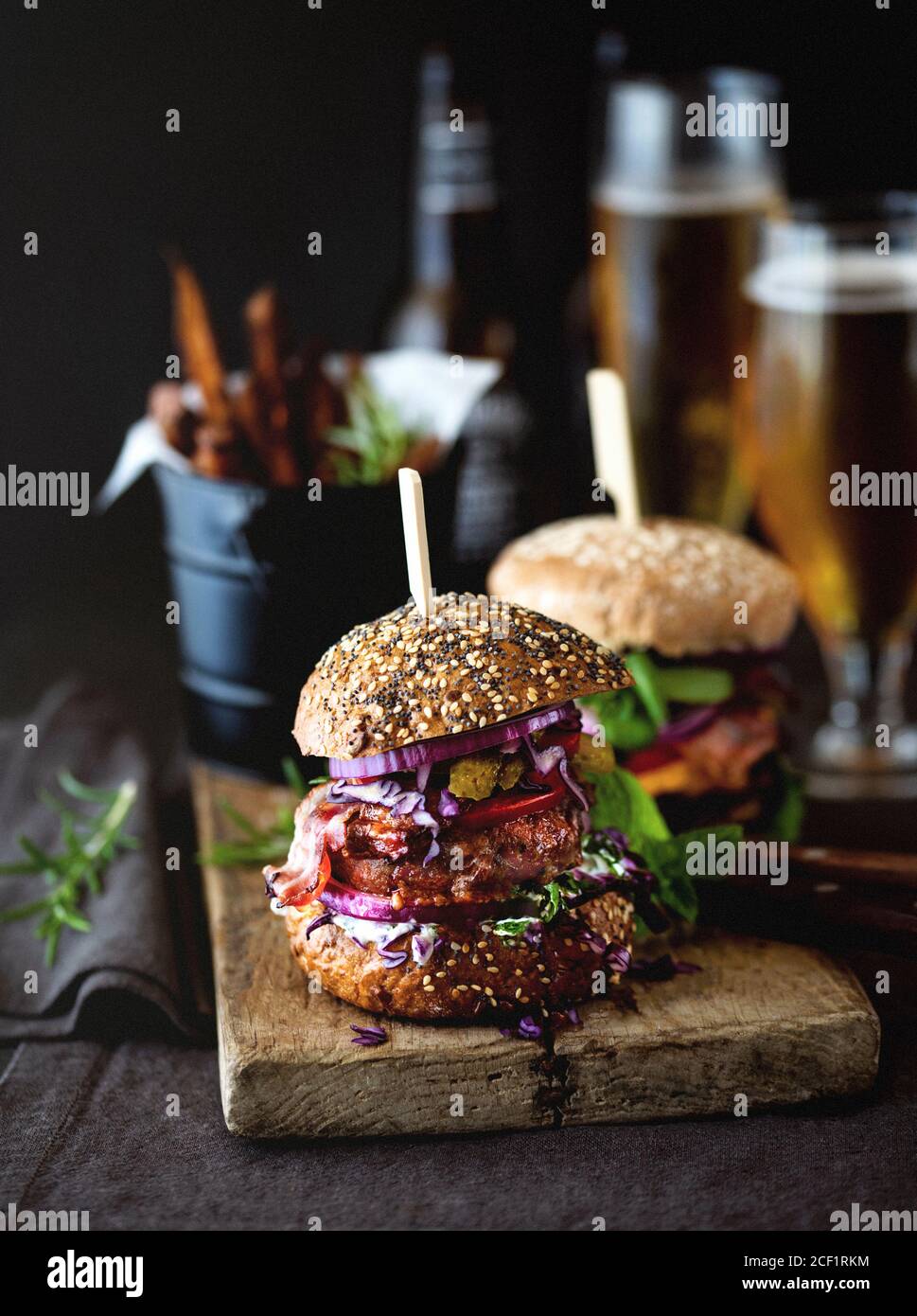 Pub lamb burger sliders, fries and beer Stock Photo
