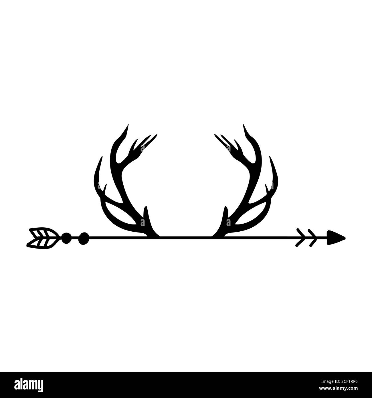 'horn' on boho arrow - reindeer, deer, roe antler. Handwritten  tattoo, ink design or greeting card. Modern vector art. Stock Vector