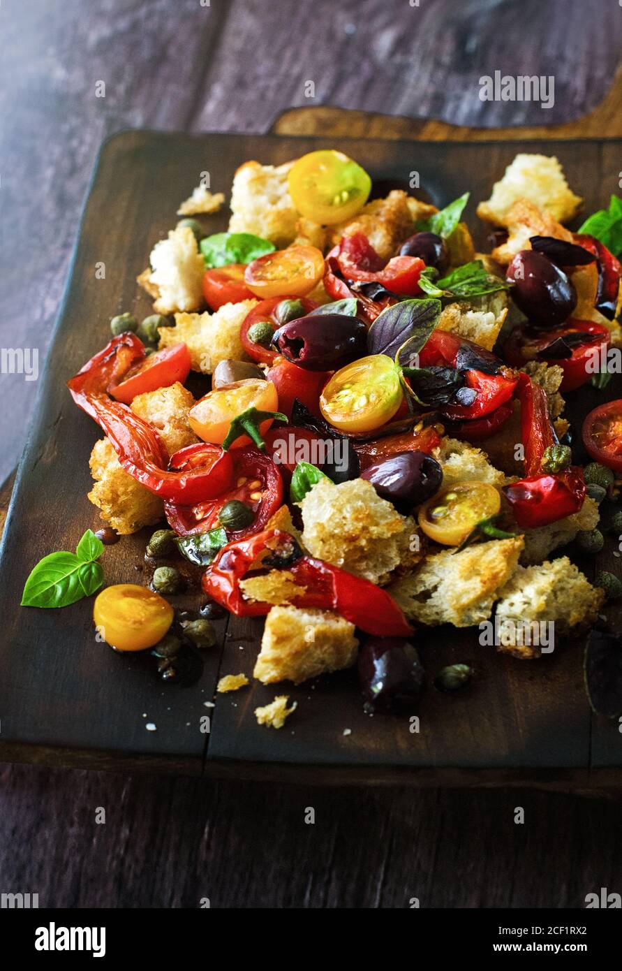 Panzanella bread tomato olive salad Stock Photo