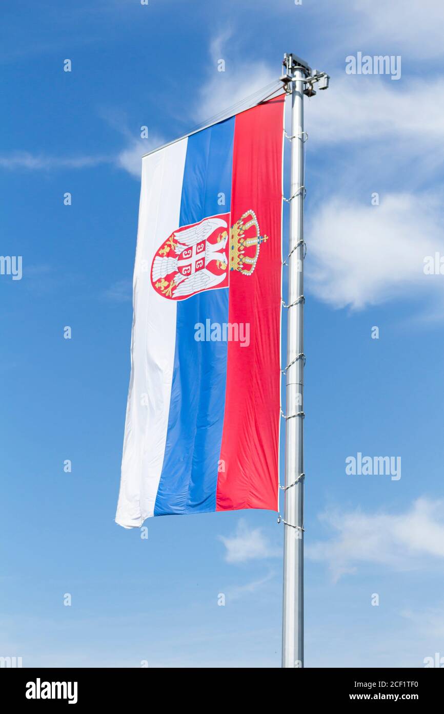 Serbian flag waving in the wind against white cloudy blue sky. Stock Photo