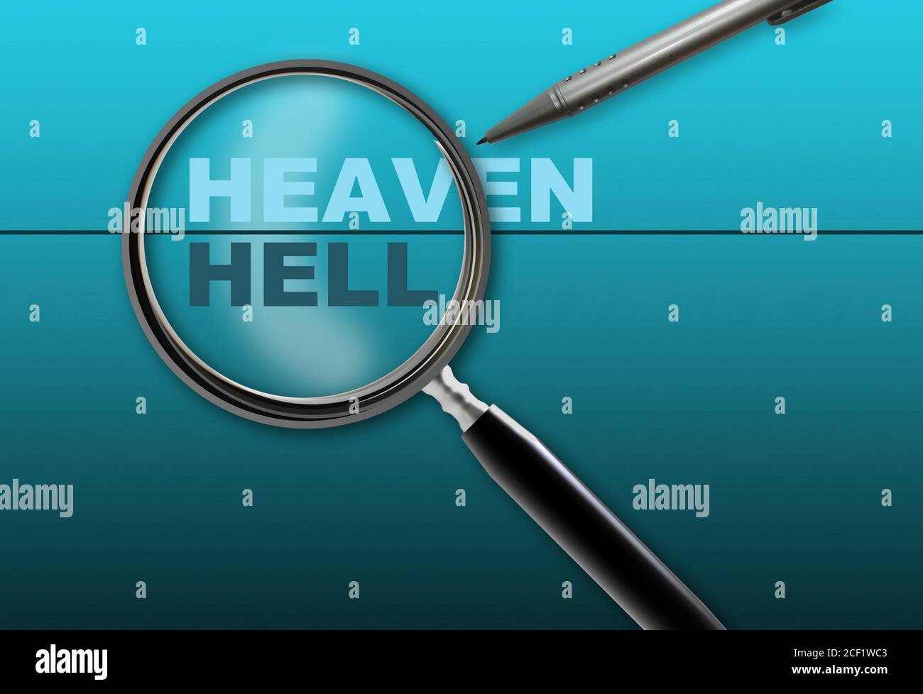 word heaven - hell and magnifying glass with pencil made in 2d software on gradient background. Stock Photo