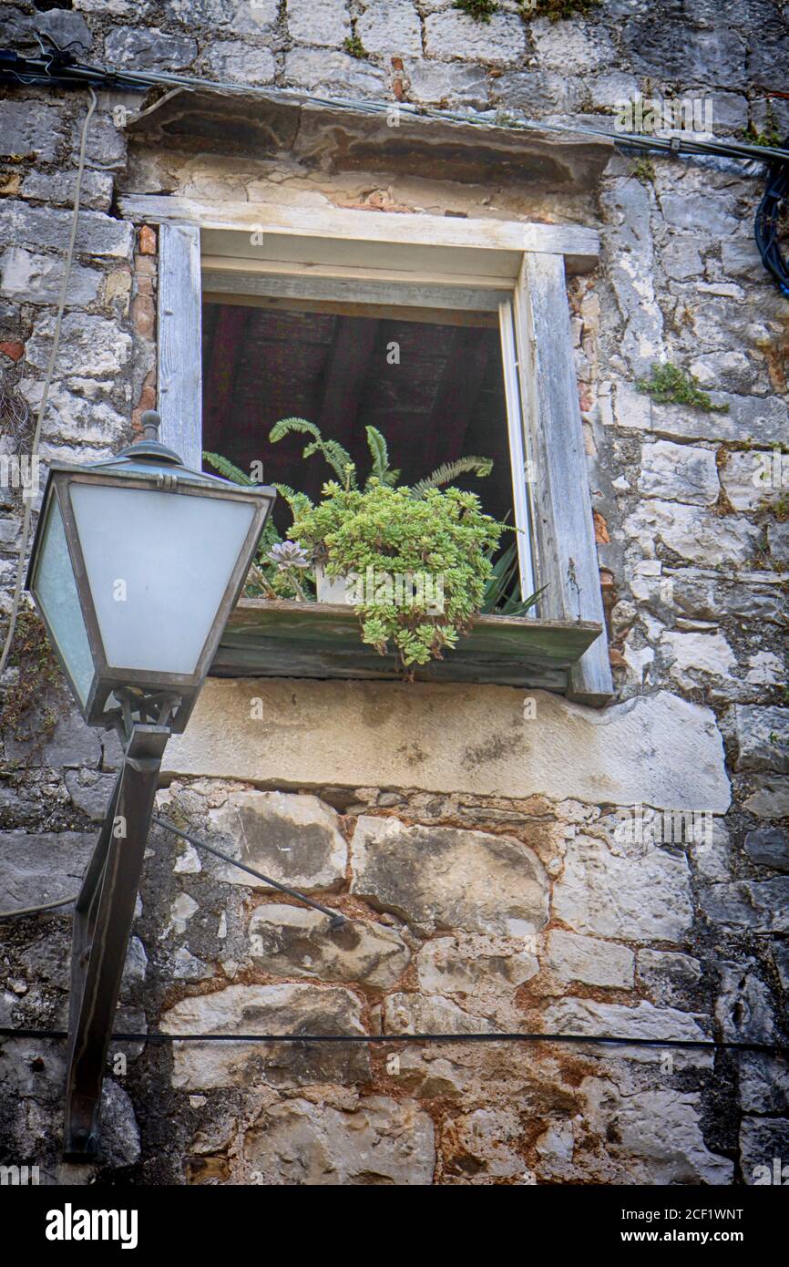 Facade of old Dalmatian house made of mortar and stone blocks with window, plants, flying electric cables and a street lamp Stock Photo