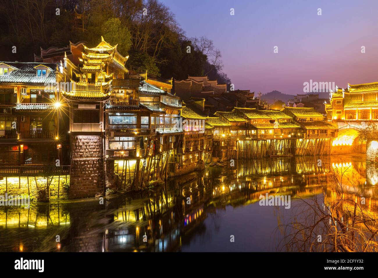 Fenghuang (Phoenix) ancient town sunset duak, Hunan province, China ...