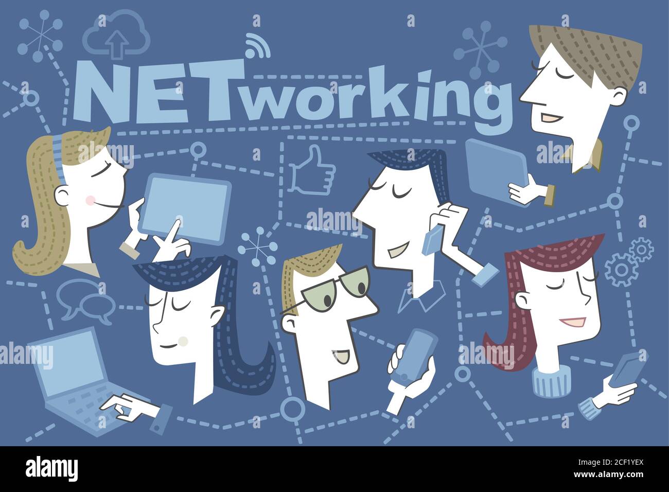 Retro style illustration of several people networked through their mobile devices. Stock Vector