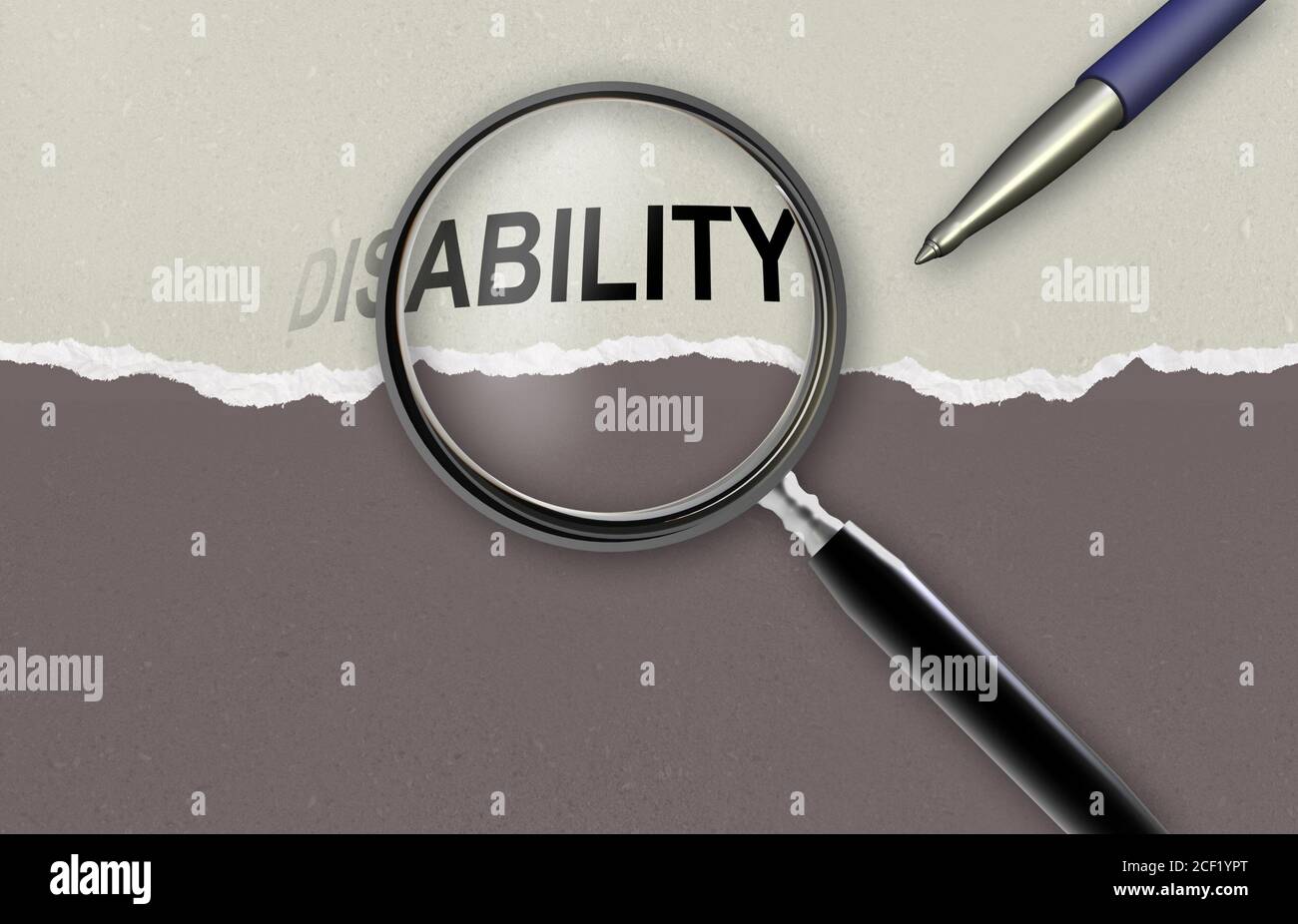 changing the word disability for ability and magnifying glass made in 2d software. Stock Photo