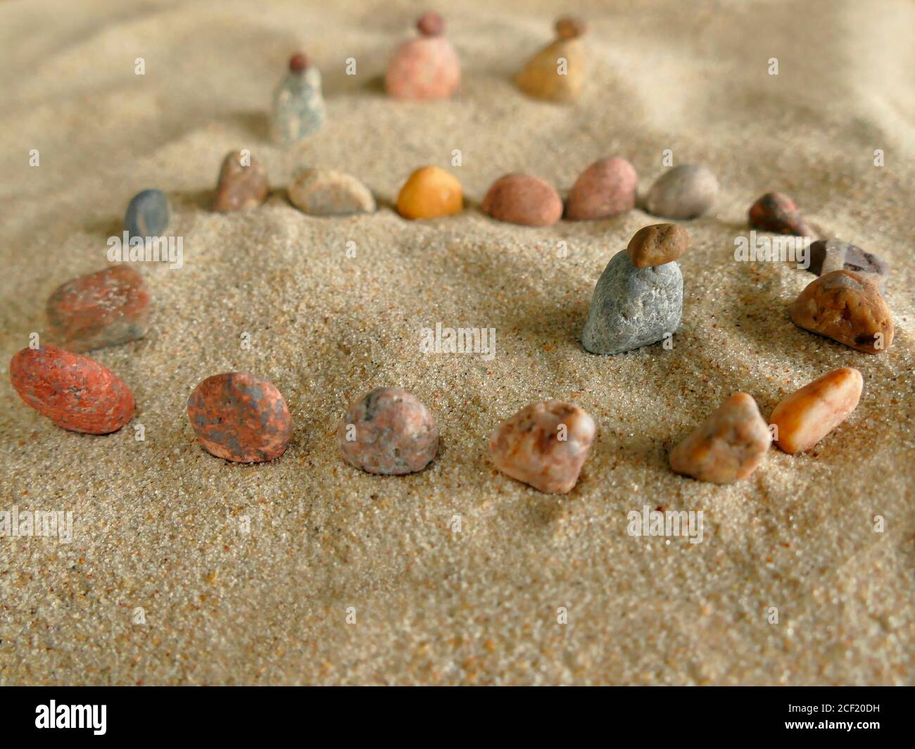 symbolic picture of isolation with stones in sand. Stock Photo