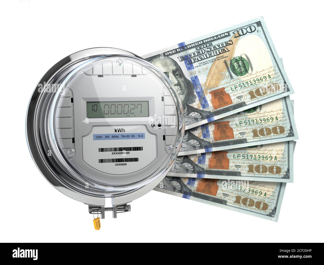 Electric meter with dollars. Electricity consumption, cost of utilities