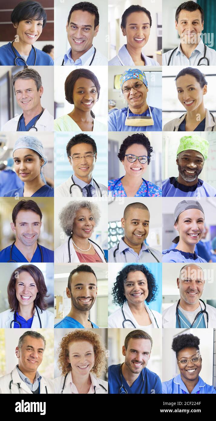 Portrait smiling doctors and nurses video conferencing on screen Stock Photo