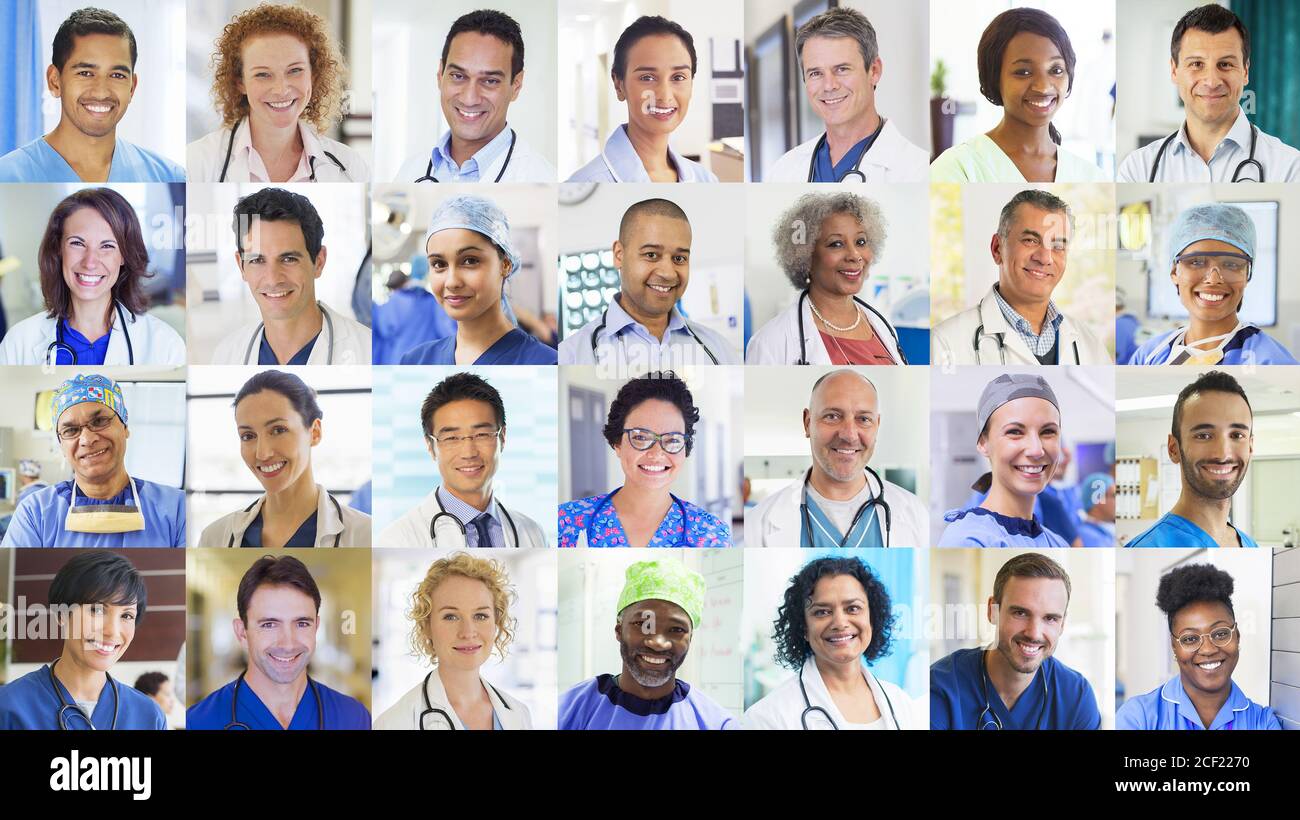 Portrait smiling doctors and nurses video conferencing on screen Stock Photo