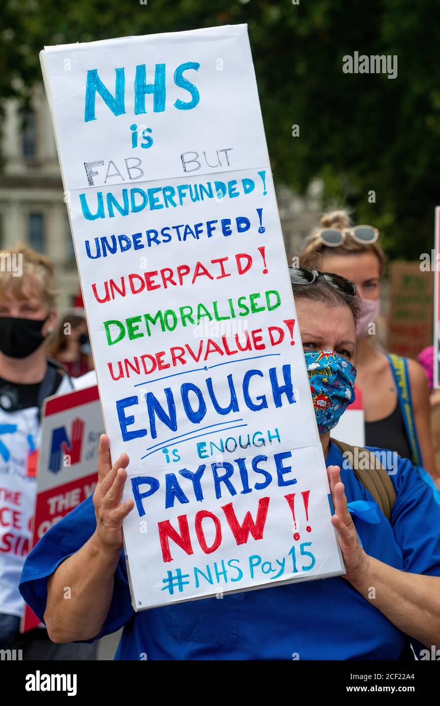 NHS nurses & key hospital workers march to Downing Street in protest demonstration, demanding a pay rise from the government. Stock Photo