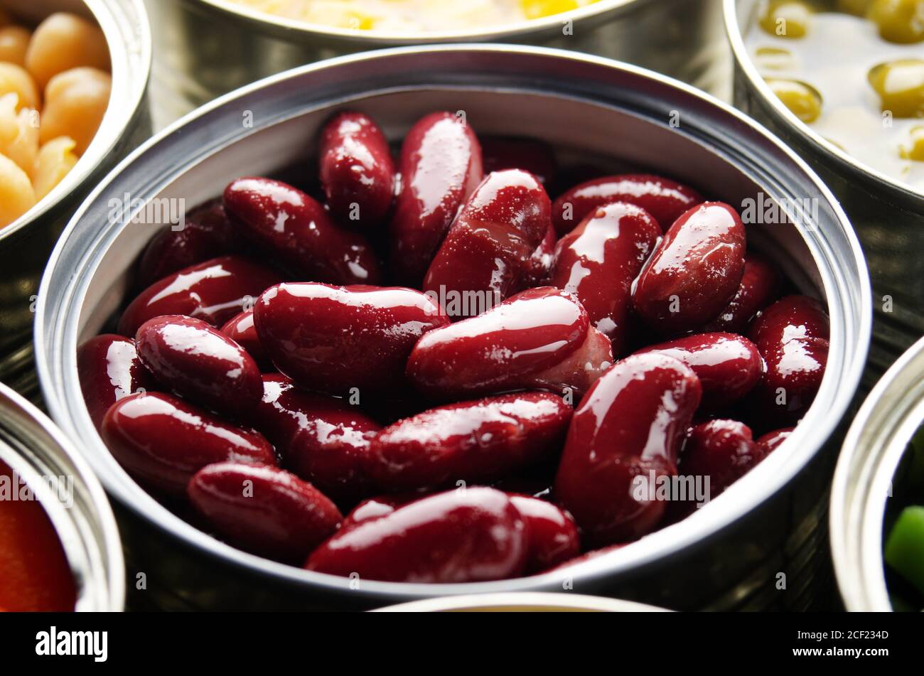 Canned red kidney beans in just opened tin can. Nonperishable food