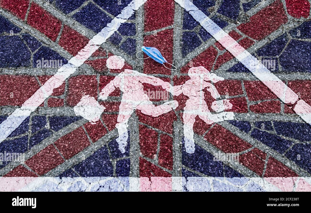 Face mask on road marking outside school. Overlayed with UK flag ...