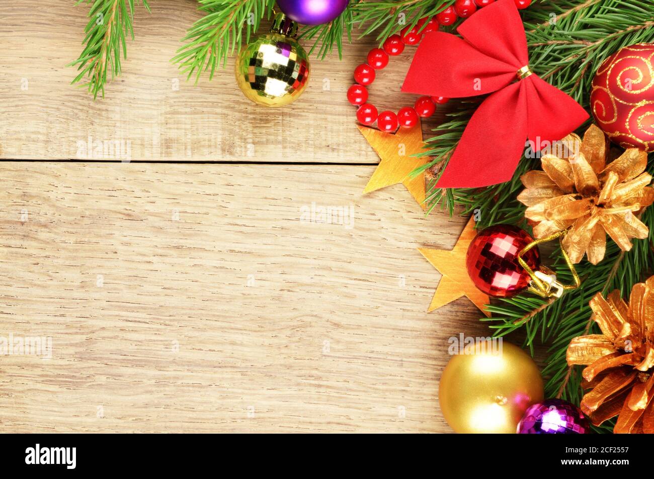 Christmas background with balls and decorations over wooden table Stock  Photo - Alamy