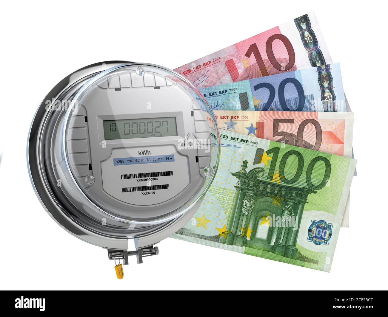 Electric meter with euros. Electricity consumption, cost of utilities and saving concept. 3d illustration. Stock Photo