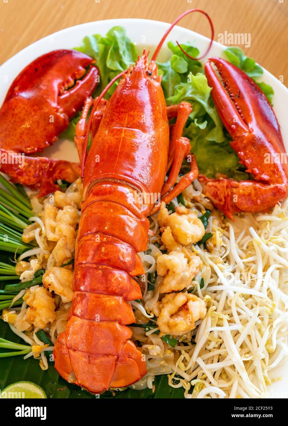 Lobster Pad thai, stir fried Thai rice noodle pasta with whole lobster ...