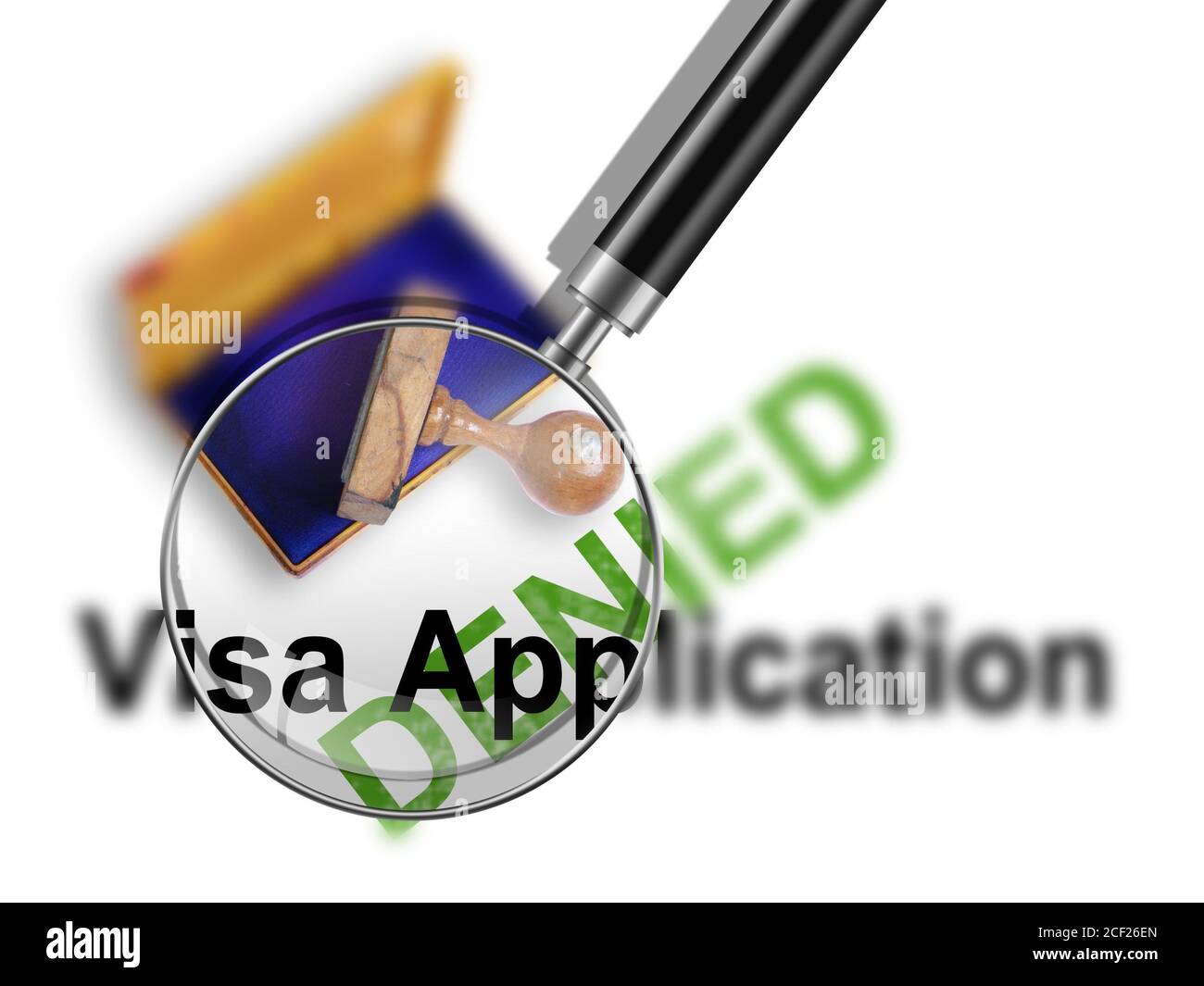 Top view of a rubber stamp with a giant word ''Visa Application. - denied. Stock Photo