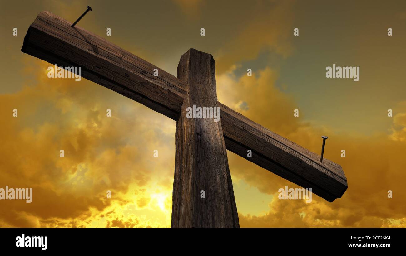 3d rendering - Wooden cross against the sky. Stock Photo