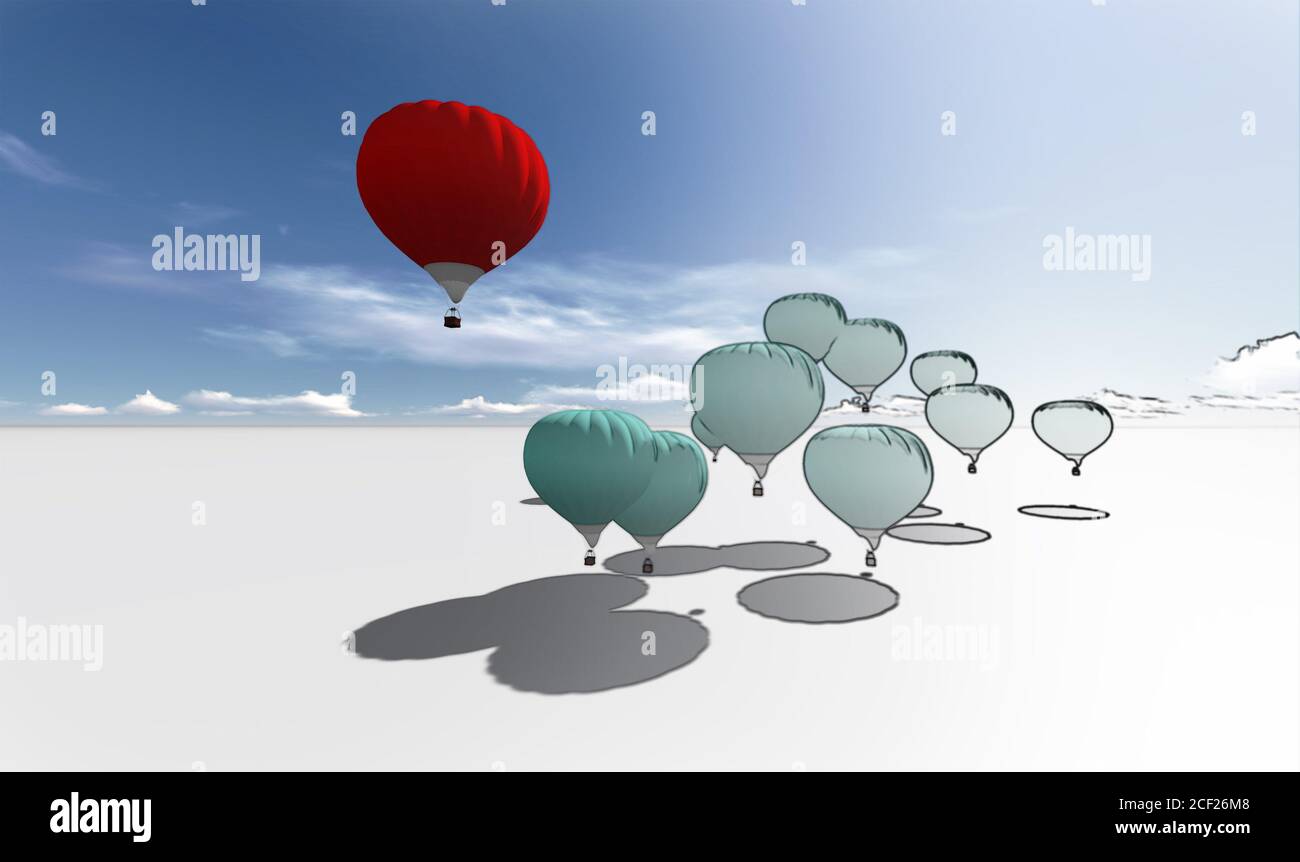 The Leader red hot air balloons against blue sky made in 3d software. Stock Photo