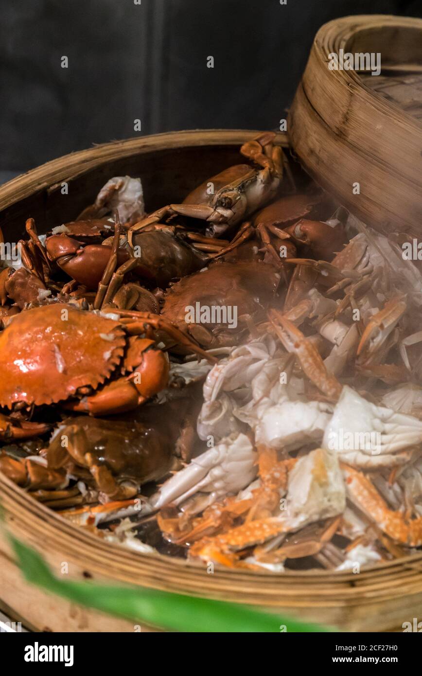 steam crab in cooking seafood steamer basket Stock Photo Alamy