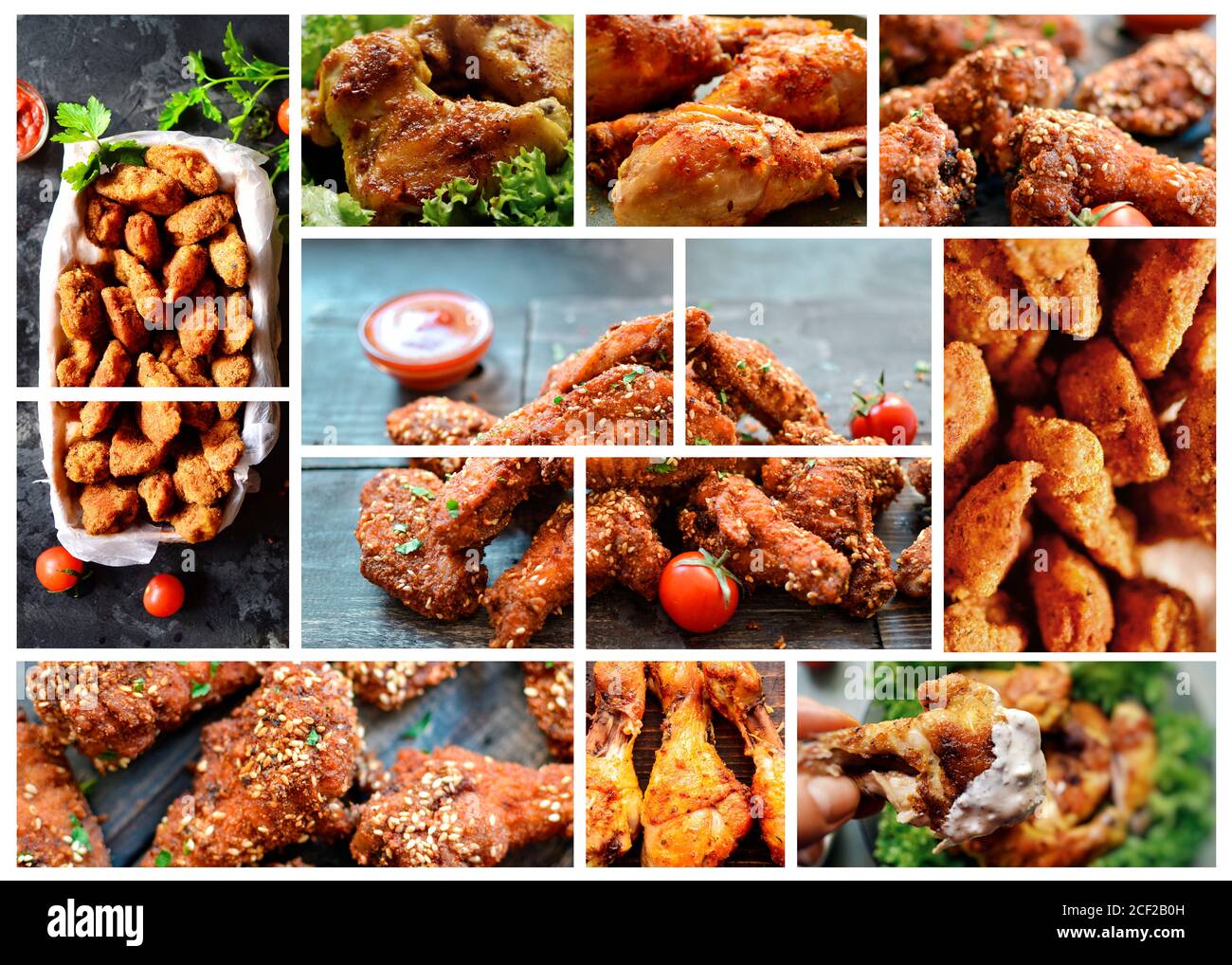 Food collage, food banner, cover for menu. Fried chicken wings in sesame seeds. Nuggets, close