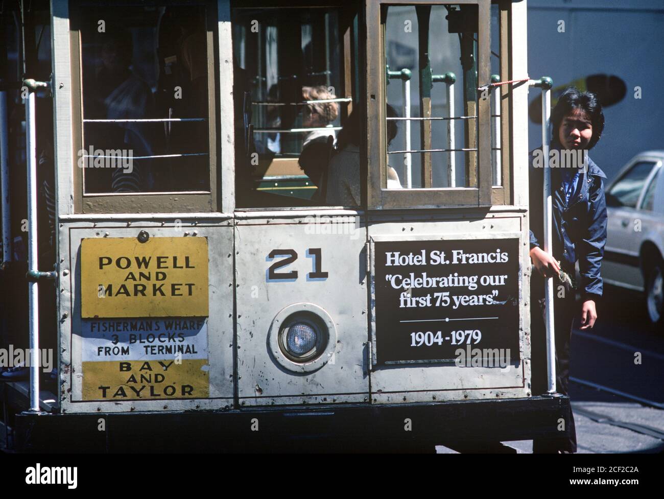 SAN FRANCISCO CABLE CAR IN CHINATOWN, CALIFORNIA, USA, 1970s Stock
