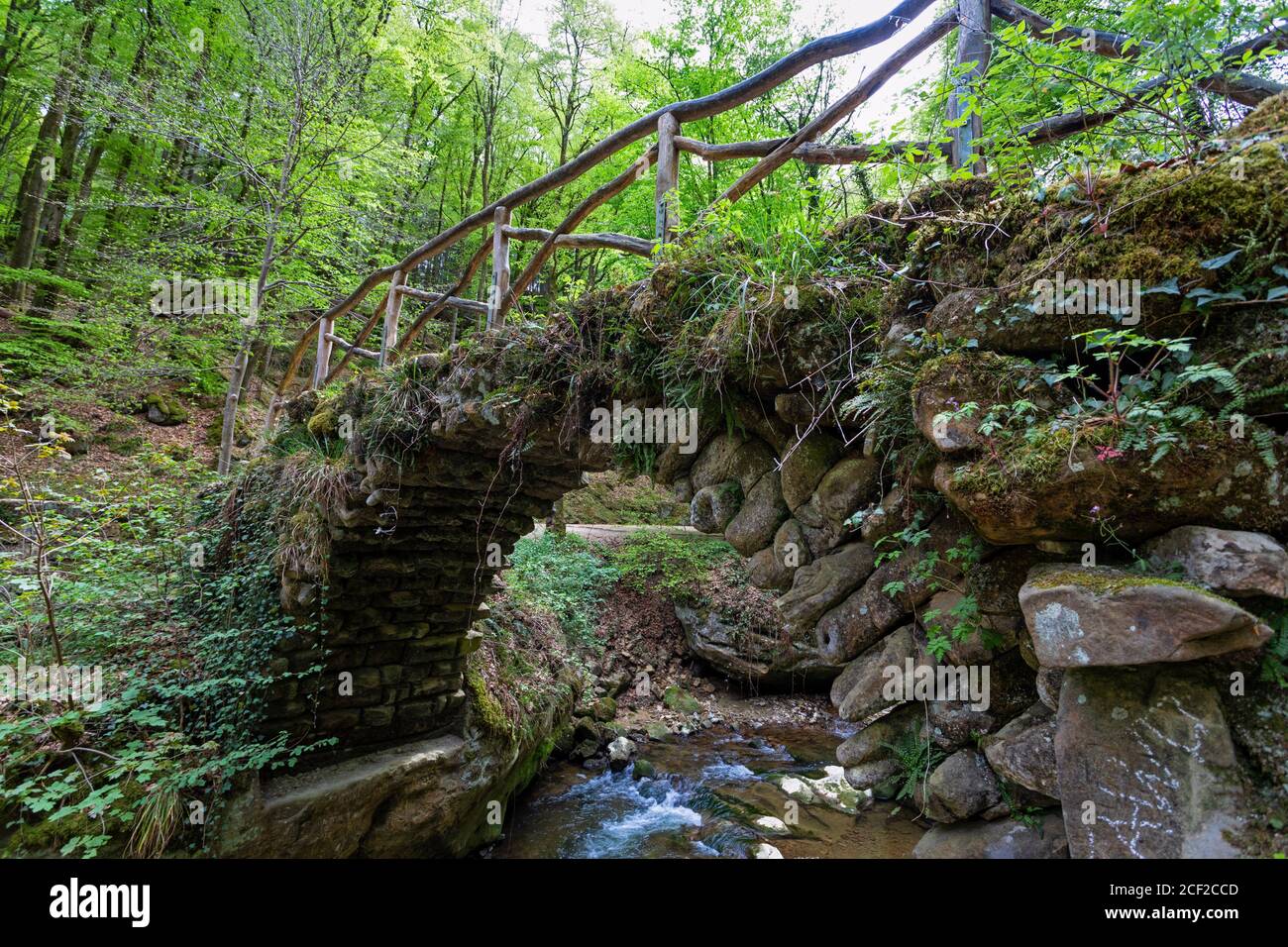 Europe, Luxembourg, Grevenmacher, Mullerthal Trail, Ancient stone bridge across the Schiessentumpel Waterfall. Stock Photo