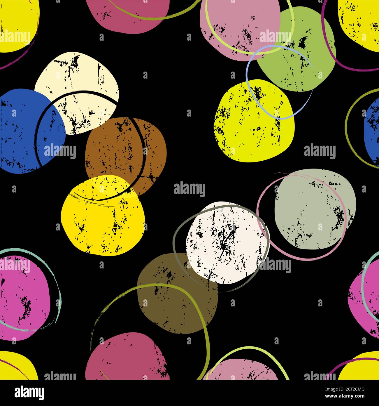 seamless background pattern, with circles/dots, strokes and splashes, grungy, on black Stock Vector