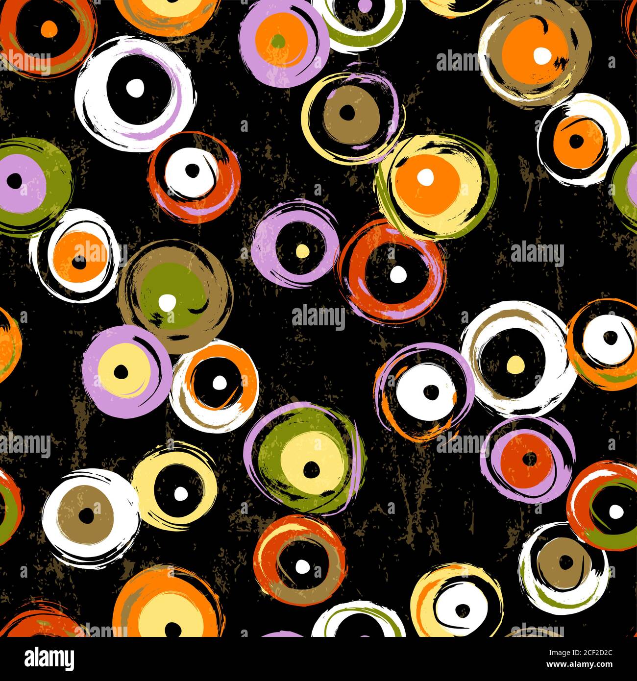 seamless background pattern, with circles/dots, strokes and splashes, on black Stock Vector