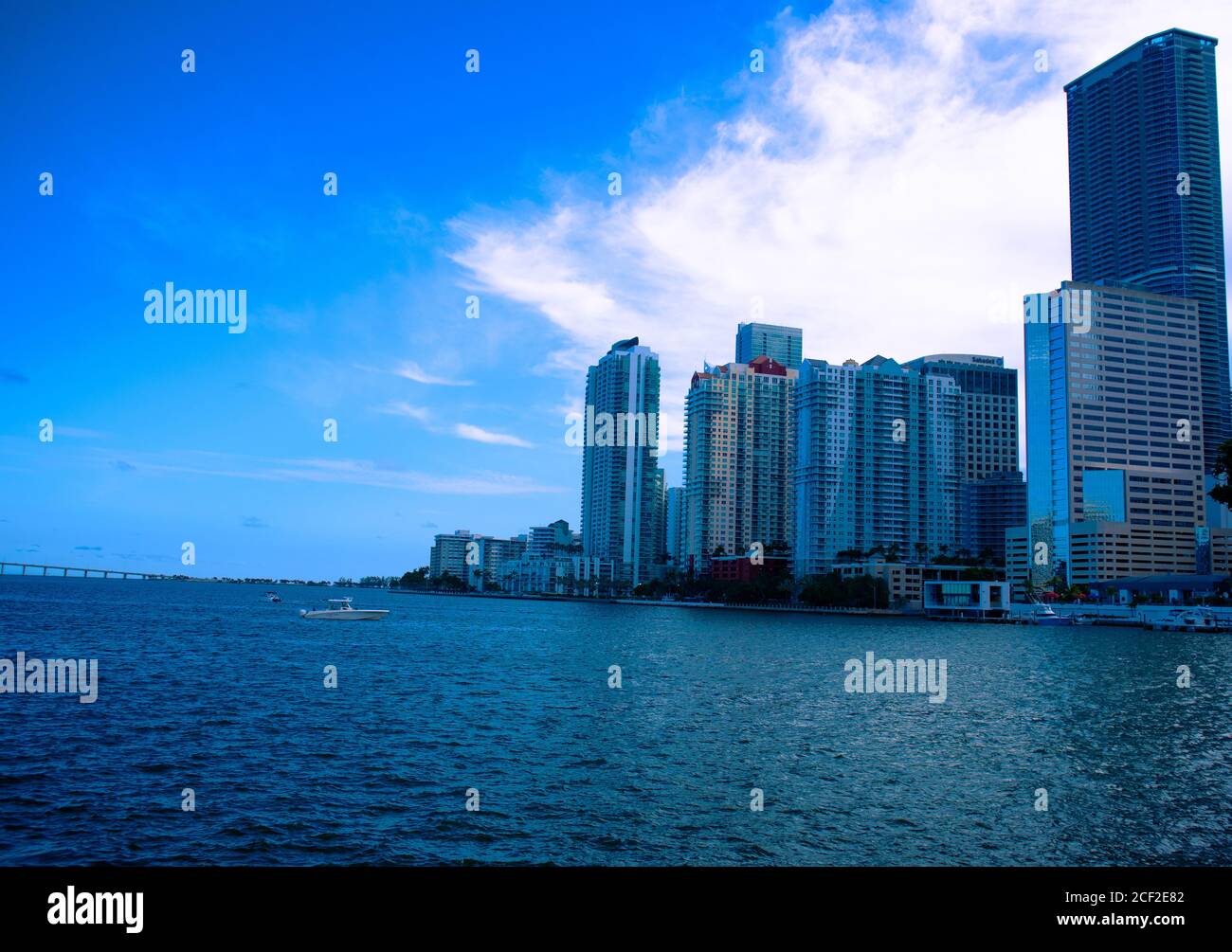 View of buildings next to the Miami South Channel in Brickell Miami, Florida during the day time, Skyline of Brickell near the the Miami South Channel Stock Photo