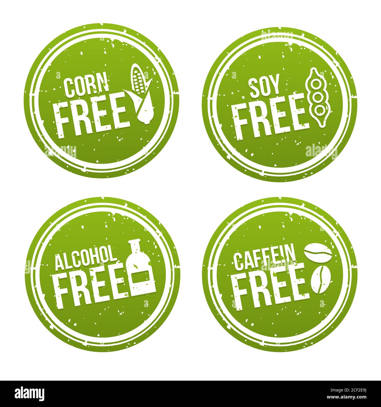 Set of Allergen free Badges. Corn free, Soy free, Alcohol free, Caffein