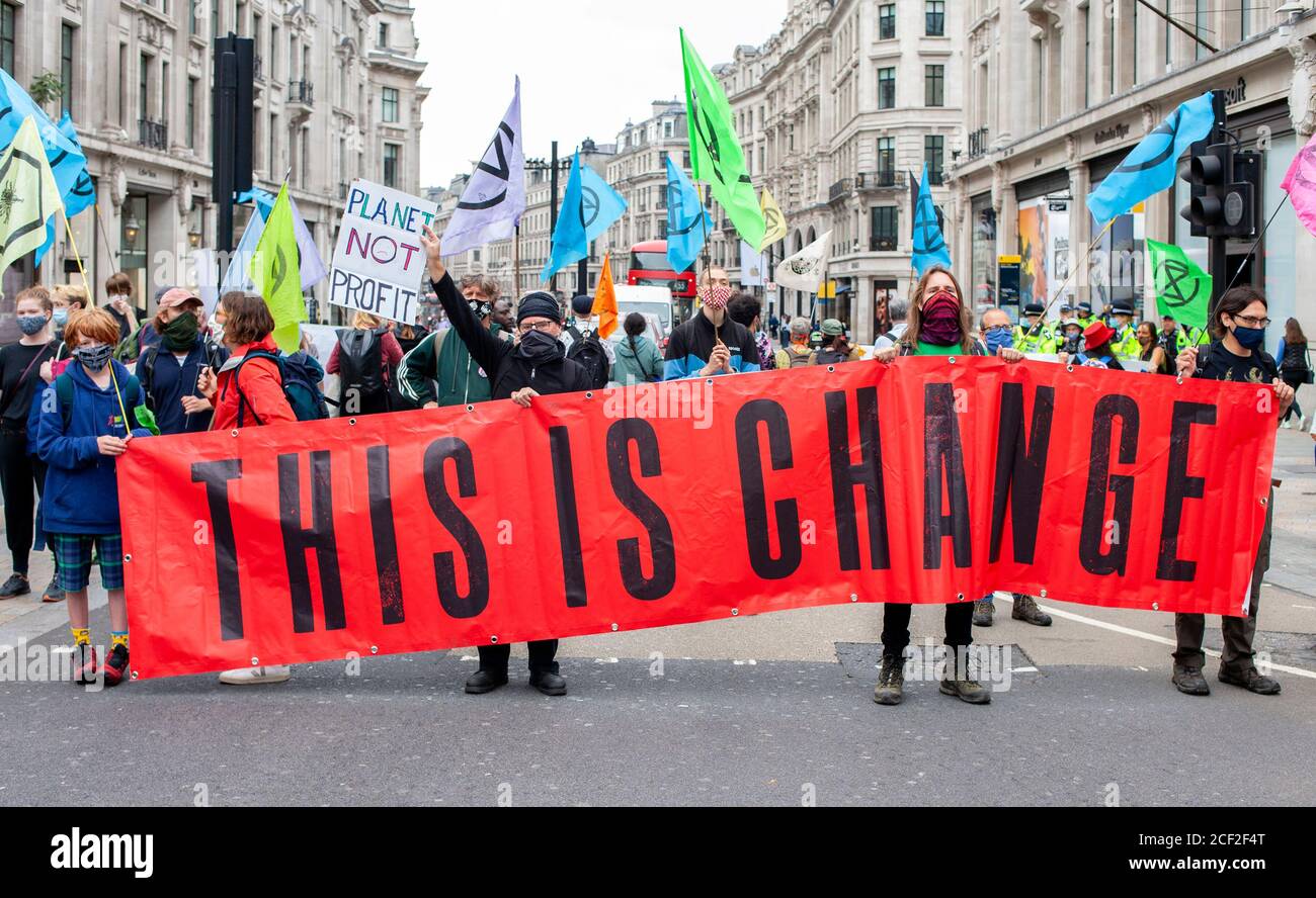 London, UK. 3rd September 2020. Extinction Rebellion protesters block road traffic at the intersection of Regents Street and Oxford Street. Frustrated with the government’s failure to act on the climate and ecological emergency, XR continue to protest for change. The Climate and Ecological Emergency Bill (CEE Bill), is the only concrete plan available to address this crisis. XR demand the government Act Now and embrace this legislation. Credit: Neil Atkinson/Alamy Live News. Stock Photo