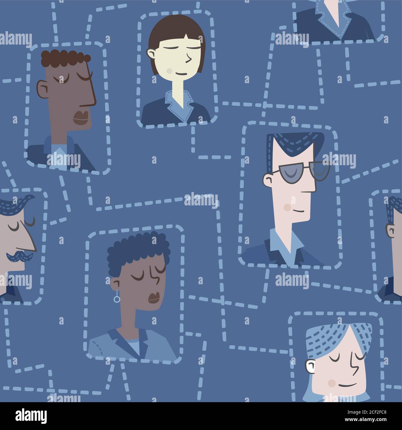 Retro style illustration of several business people of different races networked. Stock Vector