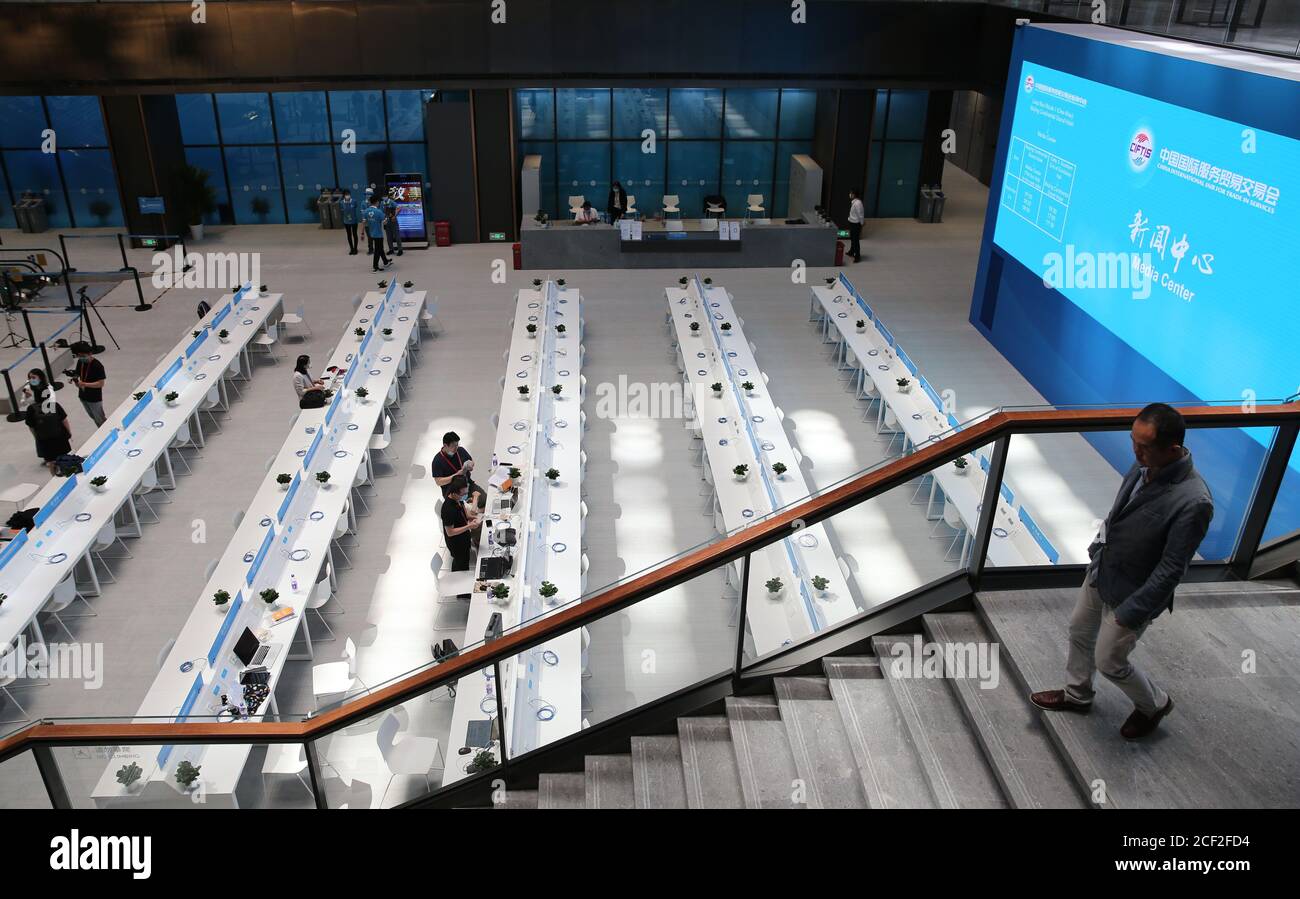 Beijing, China. 3rd Sep, 2020. Journalists work at the media center of the China International Fair for Trade in Services (CIFTIS) in Beijing, capital of China, Sept. 3, 2020. The media center of the CIFTIS started trial operation on Thursday. The CIFTIS is to be held from Sept. 4 to 9. Credit: Pan Siwei/Xinhua/Alamy Live News Stock Photo