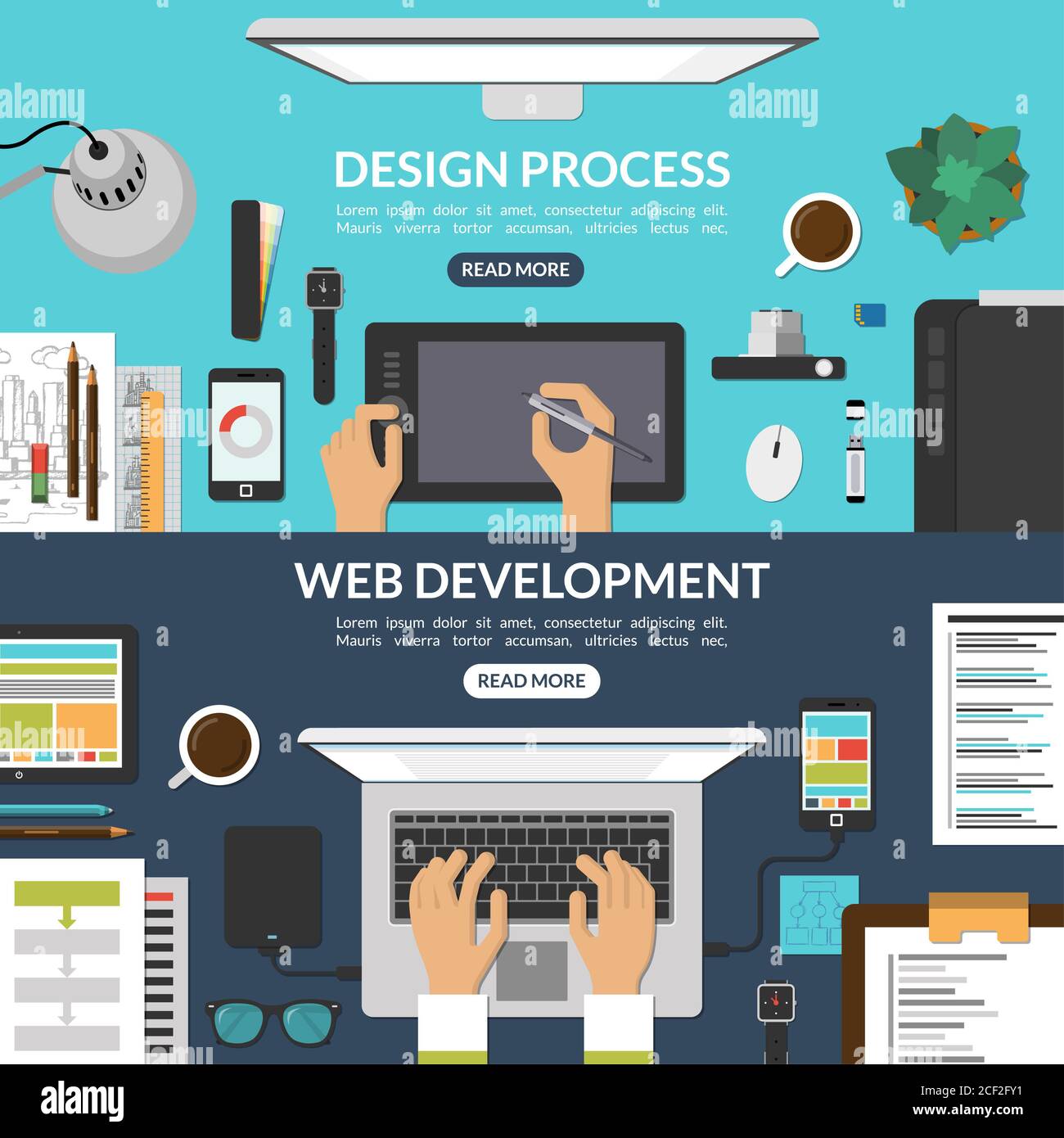 Web and graphic design process and web development concept background  banners set in flat style. Top view of a desktop. Vector illustration Stock  Photo - Alamy