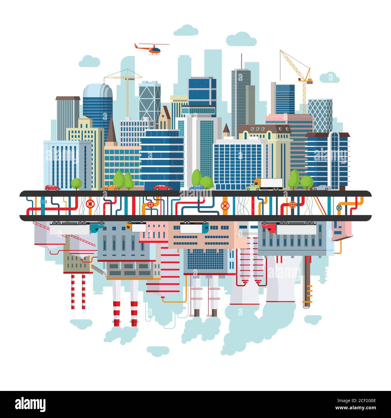 Landscape of a big city with traffic, underground communications and an industrial zone providing the city with energy and polluting the environment. Stock Photo