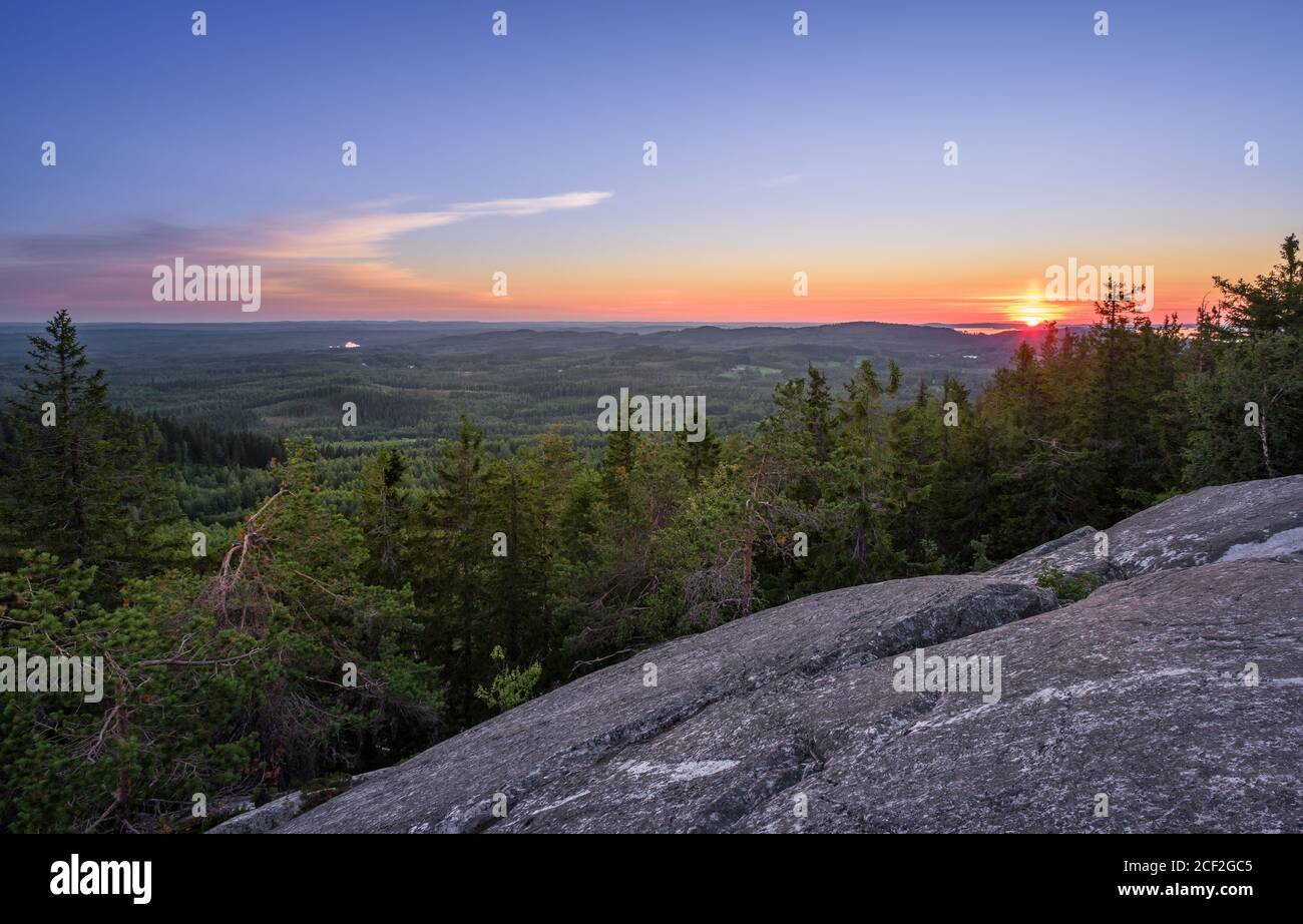 Scenic landscape with lake and sunset at evening in Koli, national park, Finland Stock Photo
