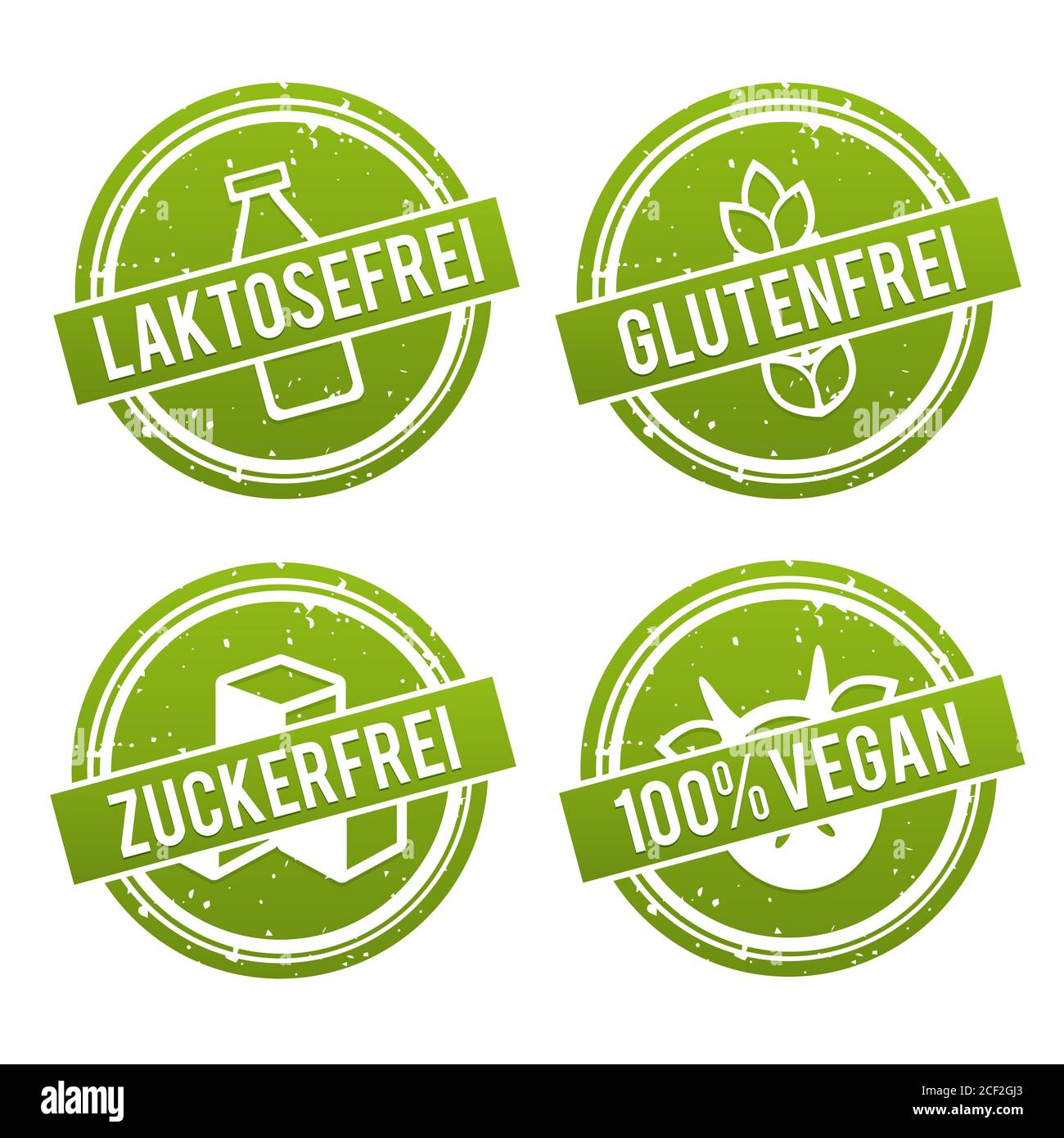 Vektor Symbole Vegan, Glutenfrei, Laktosefrei und Zuckerfrei. Stock Photo