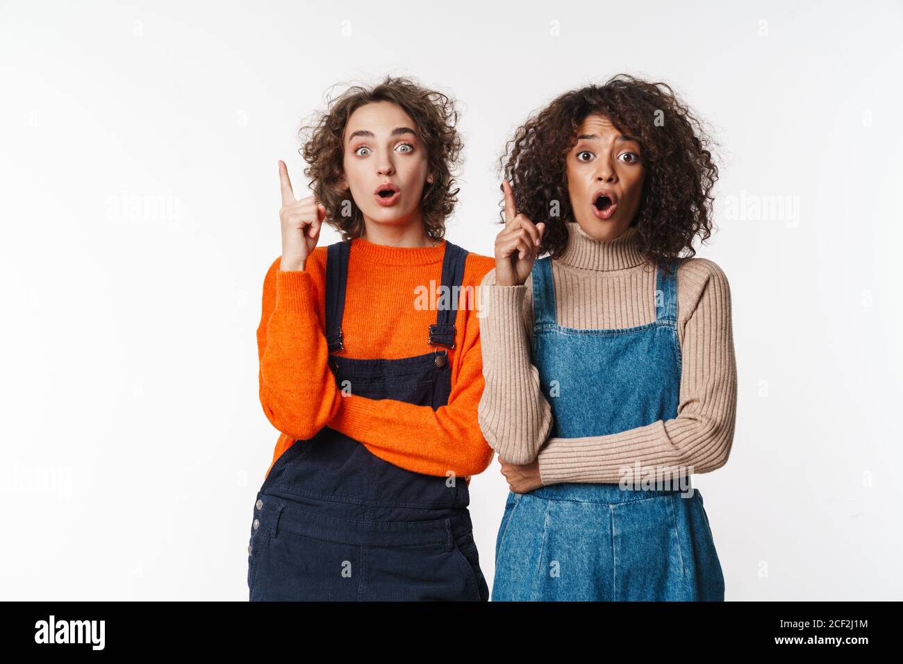 Portrait of shocked multinational women in overalls looking at camera ...