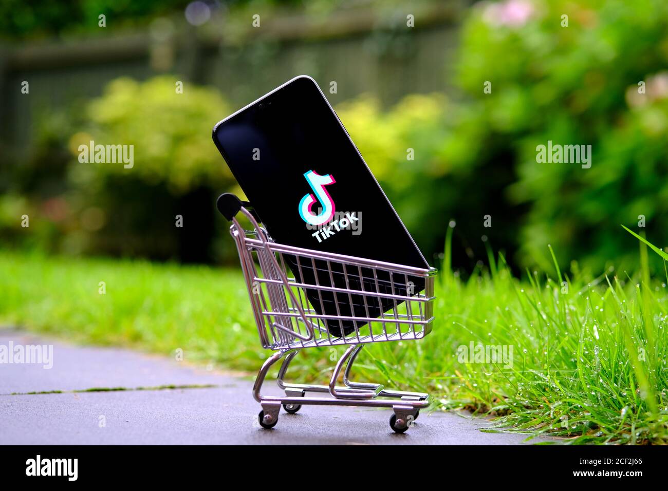 TikTok logo on the smartphone in a miniature shopping trolley outdoors. Concept for TikTok app sale and acquisition by Microsoft, Oracle or Walmart Stock Photo