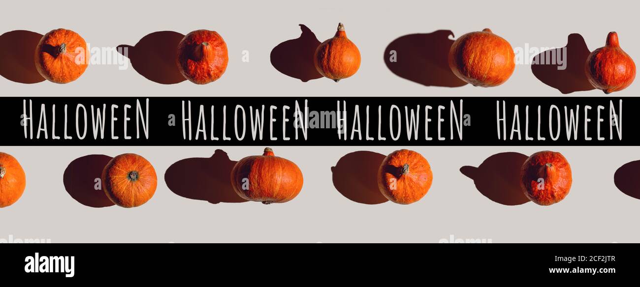 Pattern of many different pumpkins with a hard shadow on a gray ...