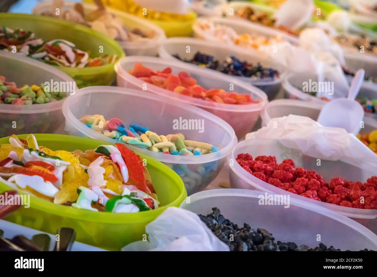 Assorted candy sweets in various colors on food market in France Stock