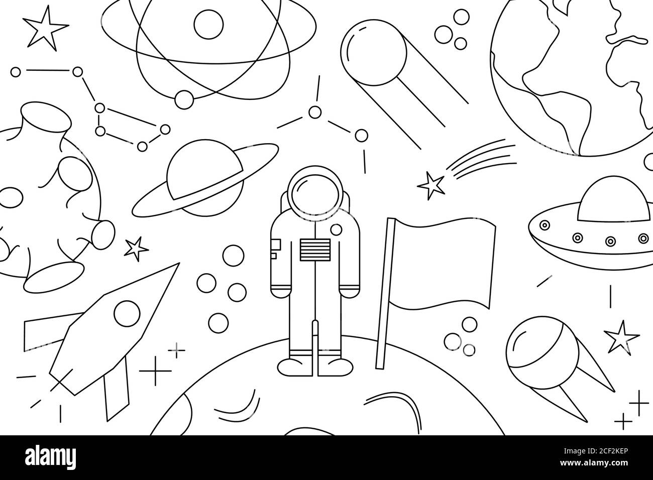 Modern pattern of planet, star, comet, with different rockets. Universe line drawings. Cosmos. Trendy space signs, constellation, moon. Outline Stock Vector
