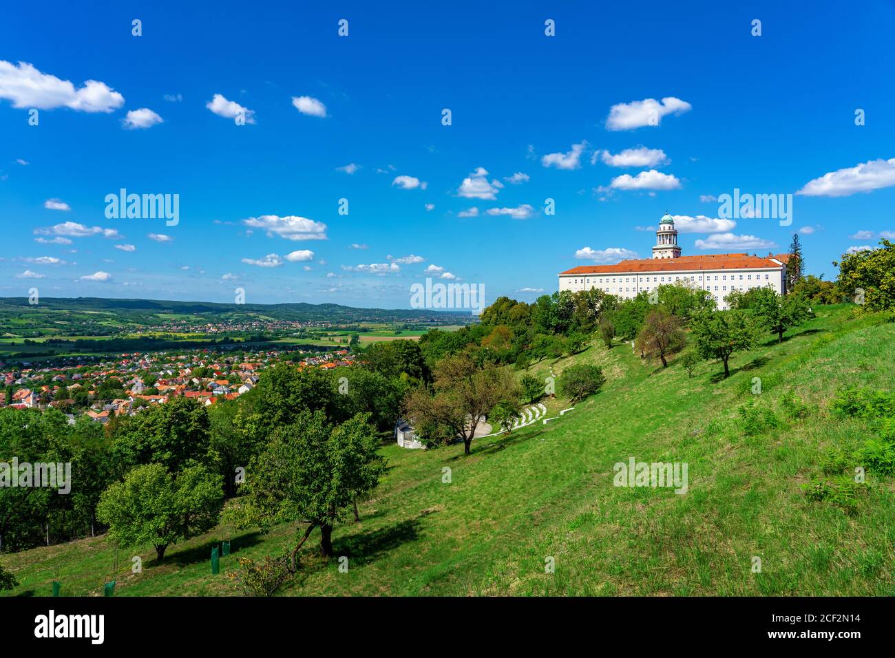 Pannonhalma abbey on the hill with view of the city and nature Stock Photo
